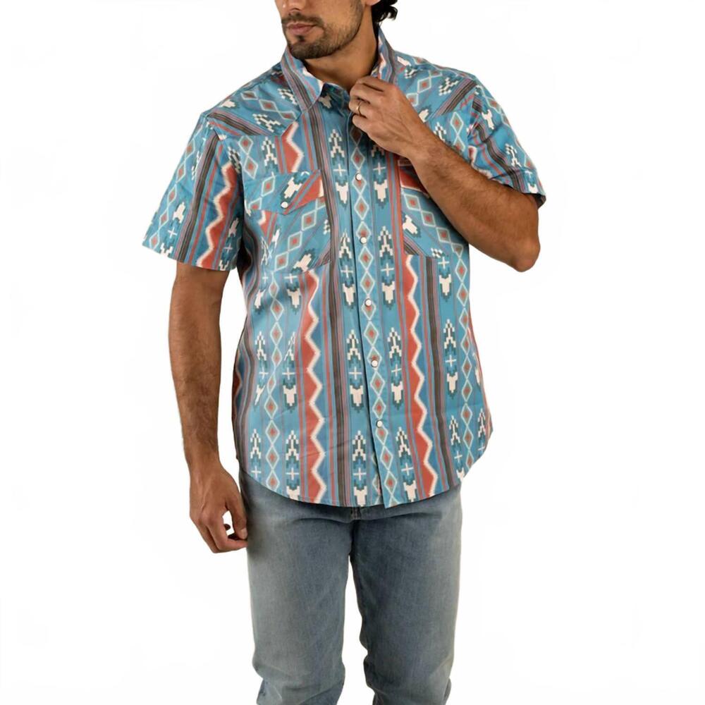 NEW SENDERO PROVISIONS CO. wyatt pearl snap short sleeve print shirt in turquois